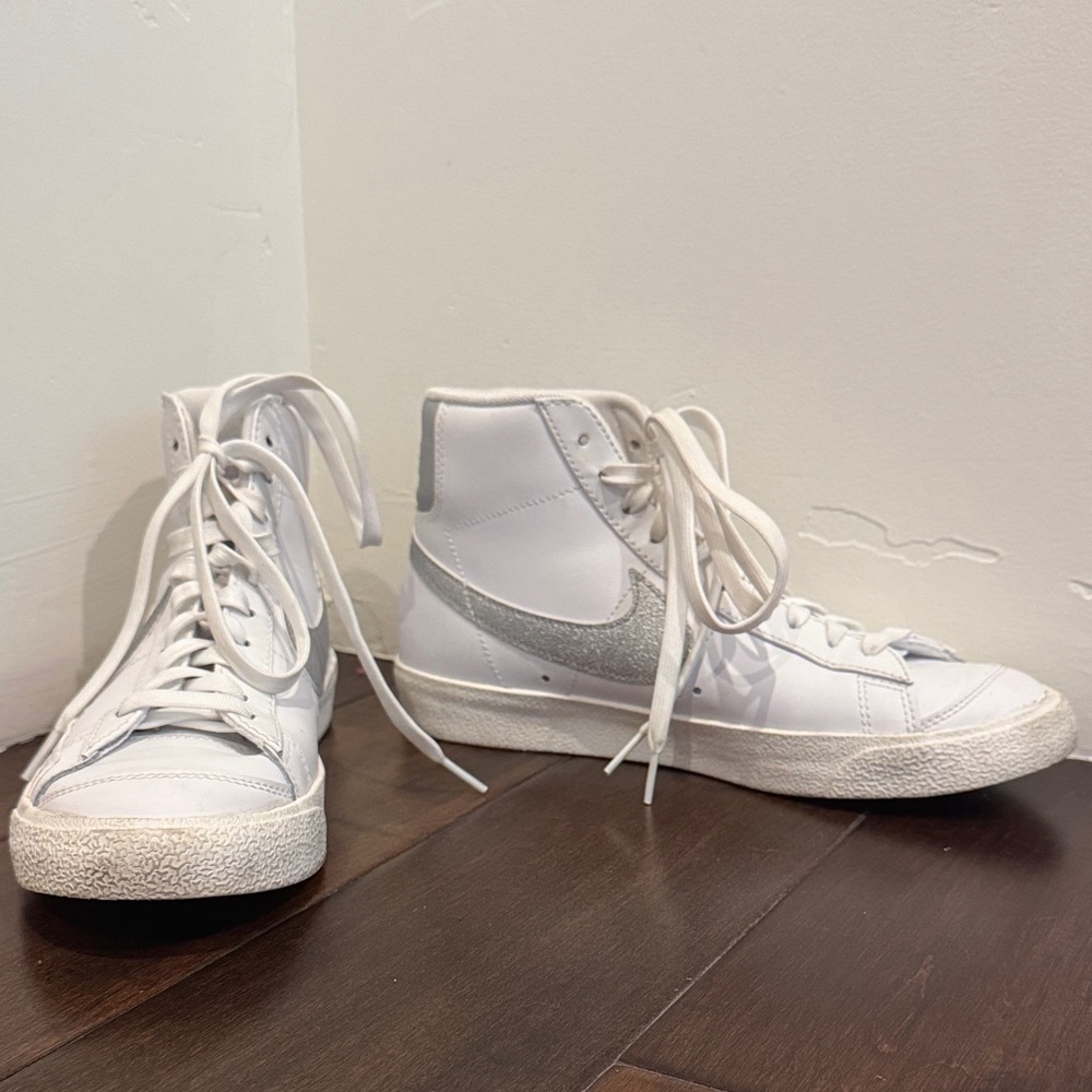 White and Silver Nike High-Top Blazers